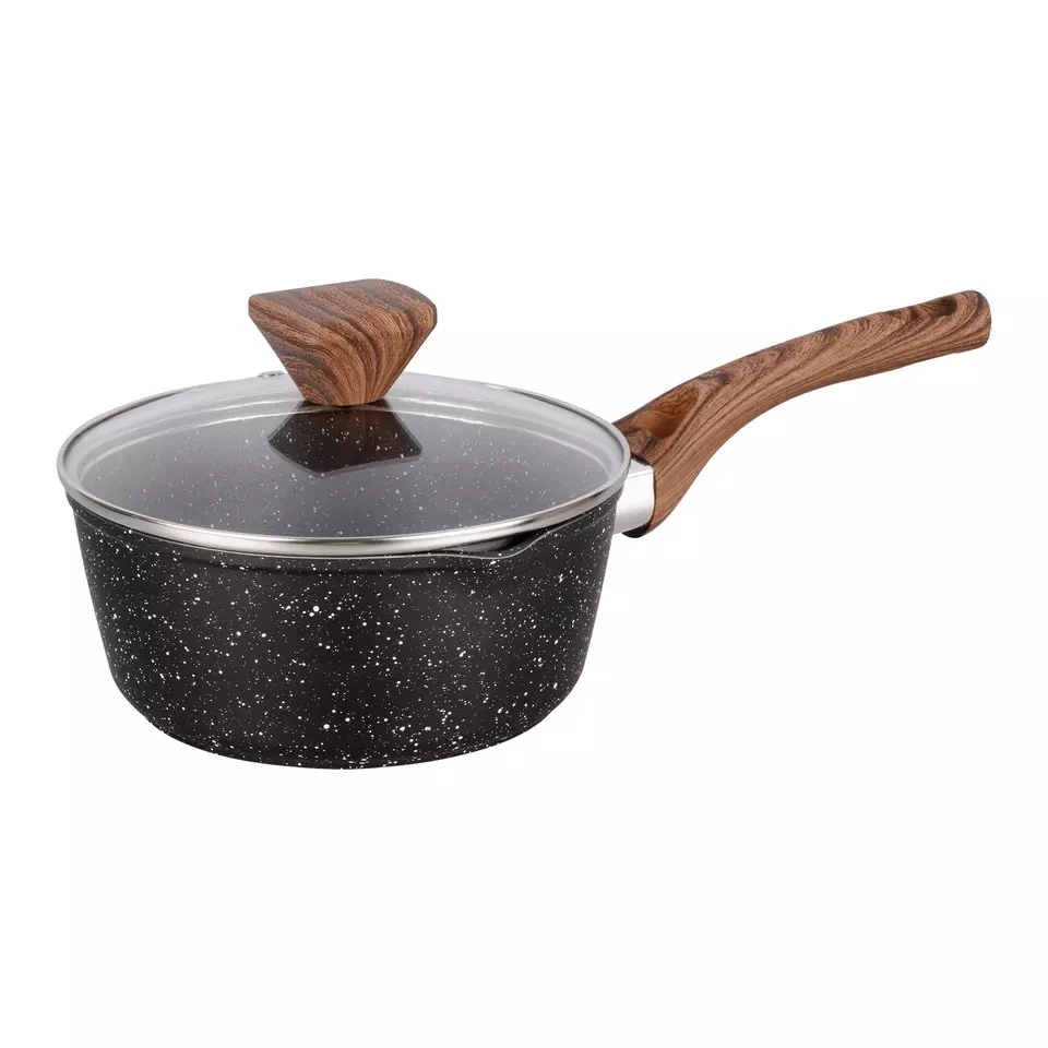 7PCS Non Stick Kitchen Utensils Granite Stone with Wooden Soft Touch Handle Pots and Pans Aluminum Forged Cookware Set with Induction Bottom