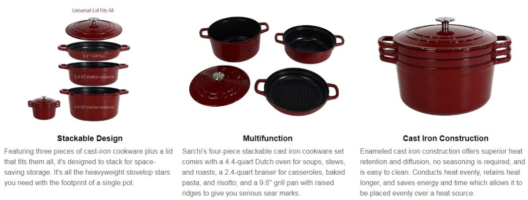 4-in-1 Cast Iron Stackable Cookware Set Enameled Dutch Oven Set