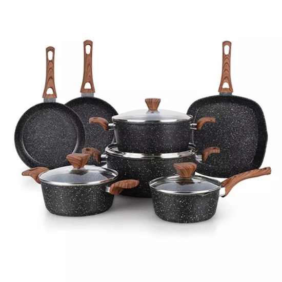 7PCS Non Stick Kitchen Utensils Granite Stone with Wooden Soft Touch Handle Pots and Pans Aluminum Forged Cookware Set with Induction Bottom