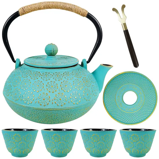 Green Drinkware Japanese Traditional Style 0.9L 32 Oz Cast Iron Tea Pot Set Japanese Tetsubin Cast Iron Tea Kettle Set 