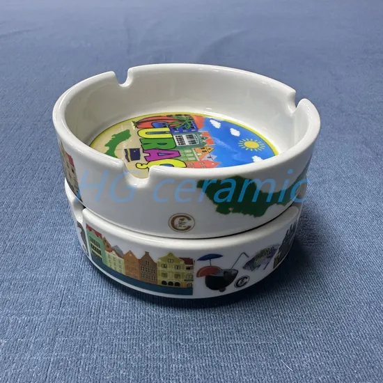 Glossy White Ceramic Cigarette Ashtray or with Decal 