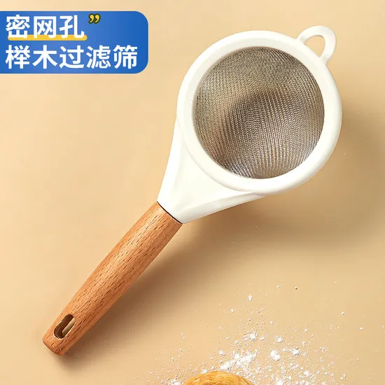Household Kitchen Baking Wooden Handle Stainless Steel Fine Mesh Strainer Powder Sieve 