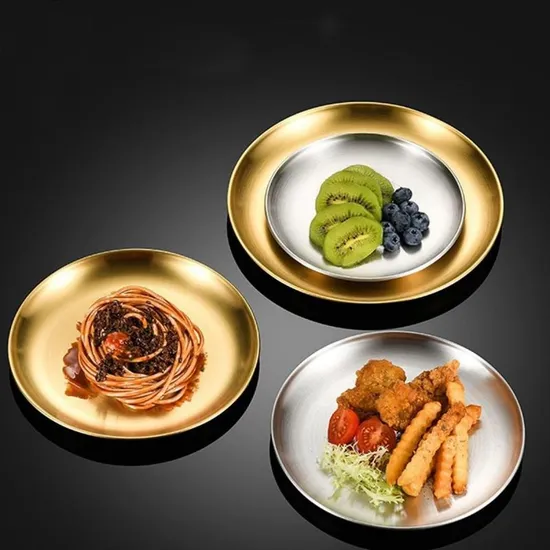 Round Dessert Salad Plates Picnic Barbecue Snack Dishes Stainless Steel Dinner Dishes Serving Camping Plates 