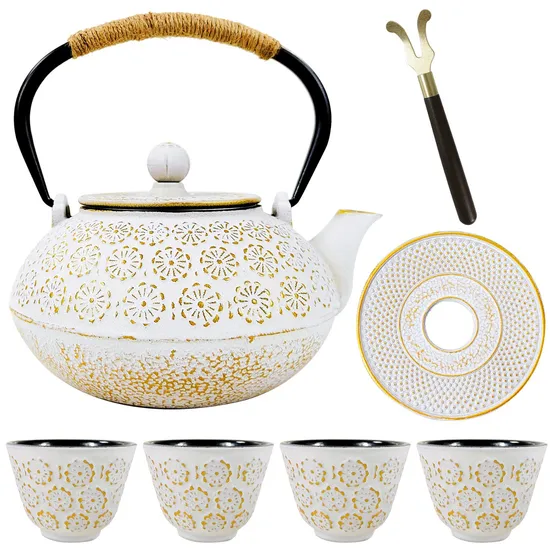 900ml 32 Ounce Cast Iron Japanese Tetsubin Teapot Set Cast Iron Tea Kettle Set with 4 Cups, Trivet and Cap Lifter 
