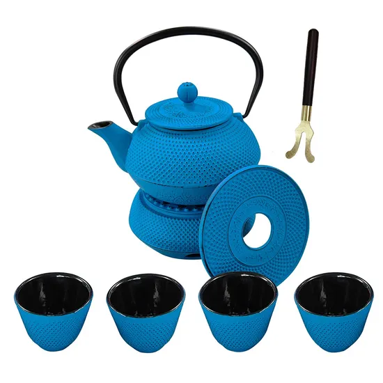 Amazon Hot Selling Home Cast Iron Teapot Set with Enamel Coating Includes Tea Kettle Cups Saucers Infuser & Warmer 
