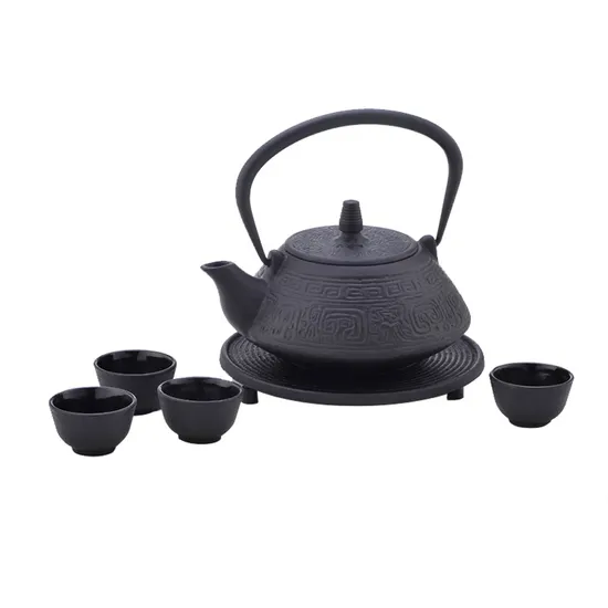 Home Cast Iron Tea Kettle Set with Enamel Coated Tea Cups for Coffee & Tea 